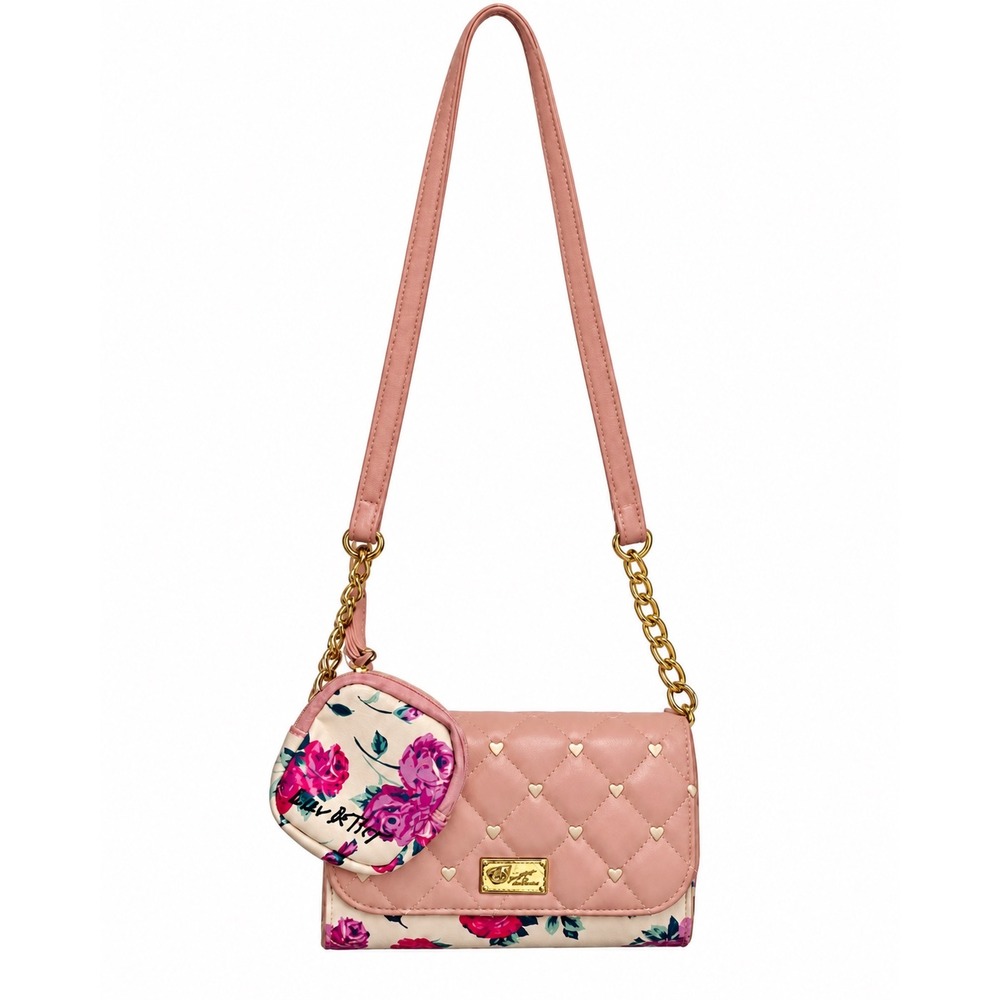 Luv Betsey Johnson Floral Quilted Pink Heart Crossbody Bag with Coin Purse